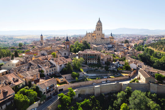 Drone Point Of View Avila City With Cathedral And Old Walls. Spain