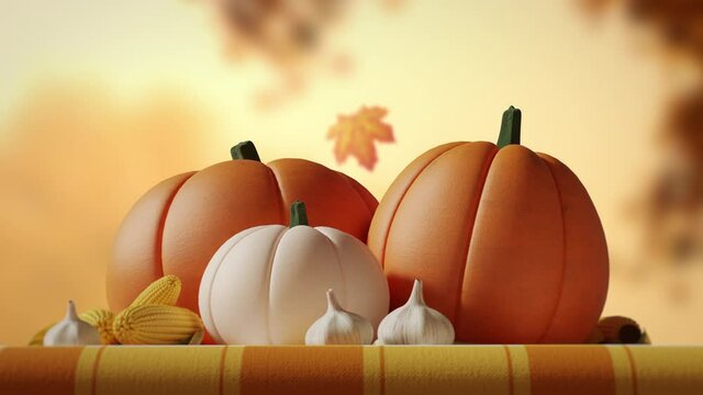 Thanksgiving holiday mood. Vegetable composition on table. Dynamic rotation. Orange pumpkins, corn, garlic. Falling maple leaves. Autumn season. Fall harvest. Cozy Festive scene. 3D Render concept 4K 