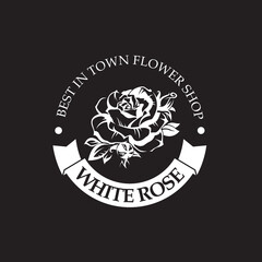 emblem of white rose bud for flower shop isolated on black background