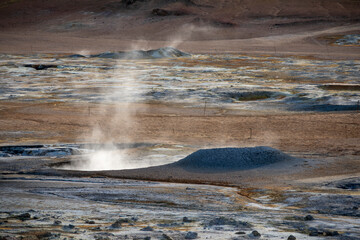 Landscape of Mt. Námafjall steaming Fumaroles boiling mud pit Diamond Circle Iceland