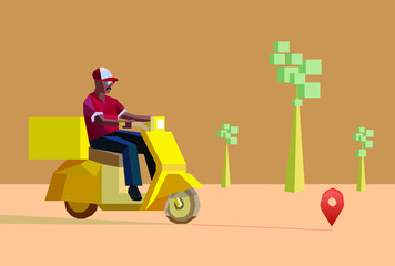 low polygonal delivery hipster boy on a yellow scooter against the background of a beige desert with low poly trees. Food delivery ads mock-up. Mobile application concept.