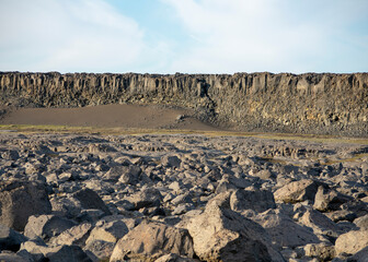 Landscape of basalt rocks on Detifoss trail Diamond Circle Iceland