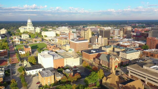 High angle establishing aerial of the Illinois state capitol in Springfield, Illinois.