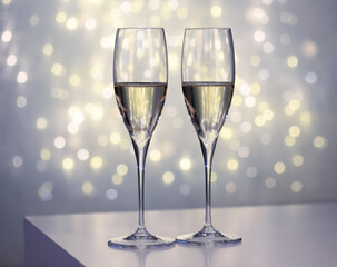 Two glasses of champagne against blurred lights