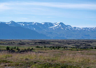 Landscape of snow capped mountains and trees growing in North iceland