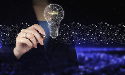 Innovation, brainstorming, inspiration solution concepts. Hand holding digital graphic pen and...