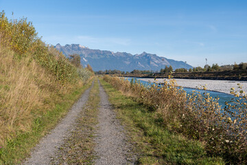 Fototapeta na wymiar Sevelen, Switzerland, October 11, 2021 At the rhine river in the morning