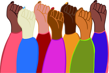 Fist protests hands, power and revolution fight, vector rebel victory symbol. Protesters raised hand fists background for manifestation, vote riot or freedom struggle, solidarity and social rights