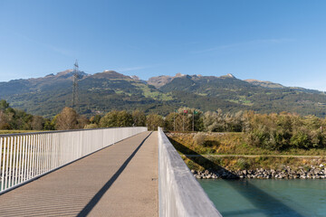 Vaduz, Liechtenstein, October 11, 2021 Pedestrian bridge over the rhine river