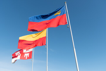 Vaduz, Liechtenstein, October 11, 2021 Liechtenstein national flag in the wind