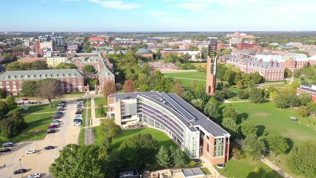 Aerial over the University of Illinois college campus in Champaign Urbana Illinois.