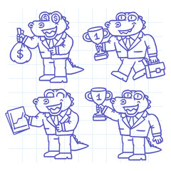 Alligator businessman set doodle part one. Hand drawn character