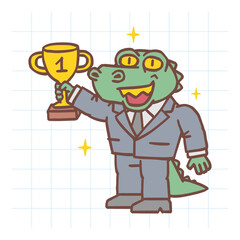 Alligator holding gold cup and smiles. Hand drawn character