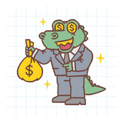 Alligator holding money bag and smiles. Hand drawn character