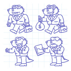 Alligator businessman set doodle part two. Hand drawn character