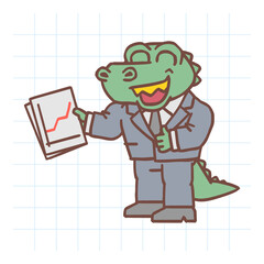 Alligator holds positive business graph and shows thumbs up. Hand drawn character