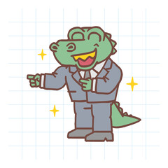 Alligator points fingers at and smiles. Hand drawn character