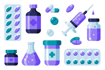 Pharmacy concept with various medicines on white background. Vector illustration
