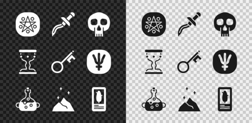 Set Pentagram in a circle, Dagger, Skull, Poison bottle, Magic powder, Tarot cards, Medieval goblet and Old key icon. Vector