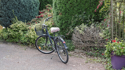 Blue bike stood in a garden with seat cover - Powered by Adobe