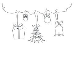 Cute Christmas garland drawn by one line. Festive sketch. Gift box, balls, tree, bell isolated on white background. Continuous line drawing christmas toys. Holiday vector illustration.