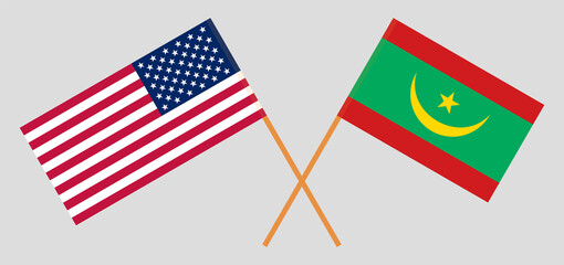 Crossed flags of the USA and Mauritania. Official colors. Correct proportion