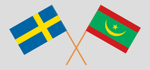 Crossed flags of Sweden and Mauritania. Official colors. Correct proportion