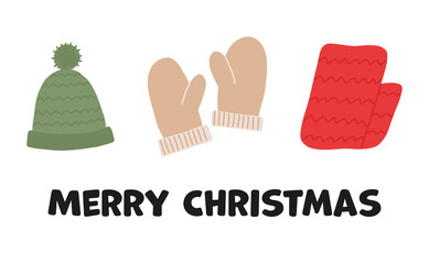 Christmas card with warm hat, mittens and scarf. Cozy New Year decorative elements for postcard