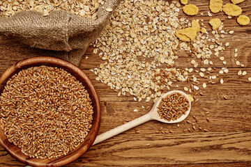 wooden kitchen items food muesli wood background