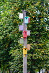 many wooden bird cages of different colors on a wooden pole