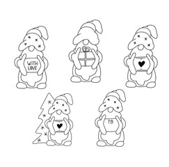 Scandinavian Christmas gnomes silhouette with Christmas tree and gifts. Cnomes set. Greeting card, greeting tags design element. Kids t shirt print