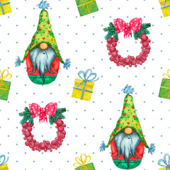 Seamless watercolor pattern depicting a mustached gnome surrounded by gift boxes and Christmas wreaths on a white background with polka dots.Texture for fabric, clothing, wallpaper, paper, stationery.