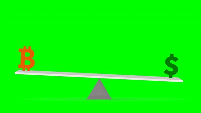 Bitcoin dollar versus on lever, loop animation. Real money and crypto  symbols balancing on leverage, scale. Modern Exchange, technology, blockchain vs. Green screen background. Flat video footage