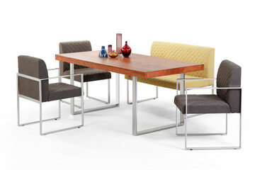 dining table and chairs with metal leg isolated on white background