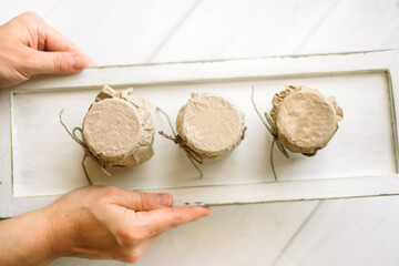 natural eco beauty handmade herbal soap. luffa sponge, clay for making facial or body mask