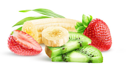 Sliced banana, kiwi and strawberries isolated on a white background.