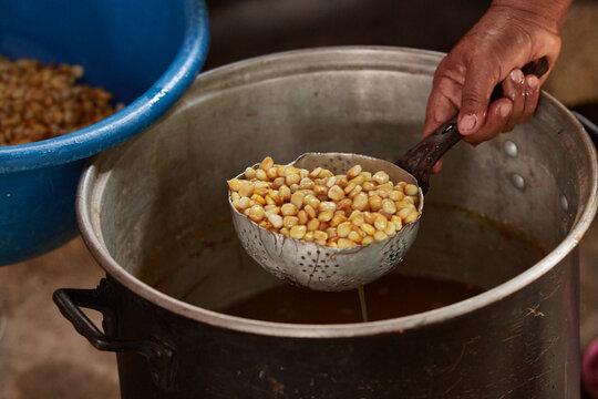 Documentary photography preparation of Oaxacan mole in Mexico, in a traditional way. Oaxacan tamales. Mexican food. Latin food. Spicy food.