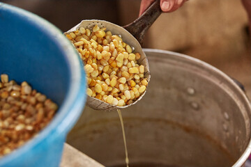 Documentary photography preparation of Oaxacan mole in Mexico, in a traditional way. Oaxacan tamales. Mexican food. Latin food. Spicy food.