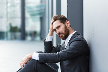 Sad depressed entrepreneur in formal suit worker man sitting near outdoors street near modern...