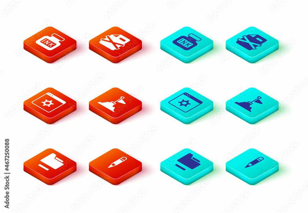 Poster set document folder, pencil, browser setting, mountains with flag on top, delete file document and i