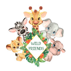 Watercolor illustration with animals. Jungle animals, watercolor safari animals, cute animals, sublimation t-shirt print, greeting card printing © Vladimir Savin