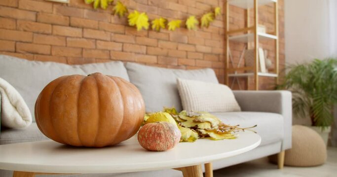 Autumn leaves and pumpkins in interior of living room