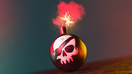 3d illustration of cannonball with painted pirate skull and burning wick on dark background