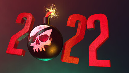 3d illustration of cannonball with painted pirate skull and burning wick on dark background