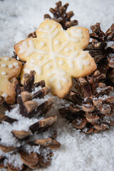 Gros plan d'un biscuit en forme de flocon de neige sur des pommes de pin
