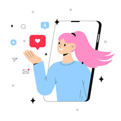 Social media influencer. Illustration with smiling woman in the smartphone. Different social media icons. Vector illustration in flat style