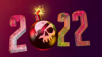 3d illustration of cannonball with painted pirate skull and burning wick on dark background