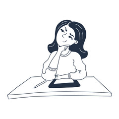 Thoughtful Young Woman. Thinking girl. Line art style. Freelance illustrator problem solving concept.