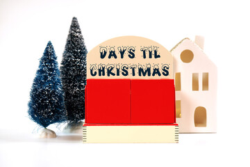 Days til Christmas vintage style wood advent shopping calendar with village house and pine trees...