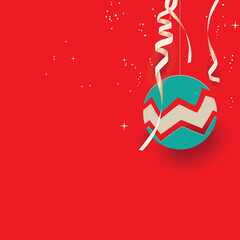 Happy New Year greeting card with beige and green paper cut Christmas decoration and confetti isolated on a red background